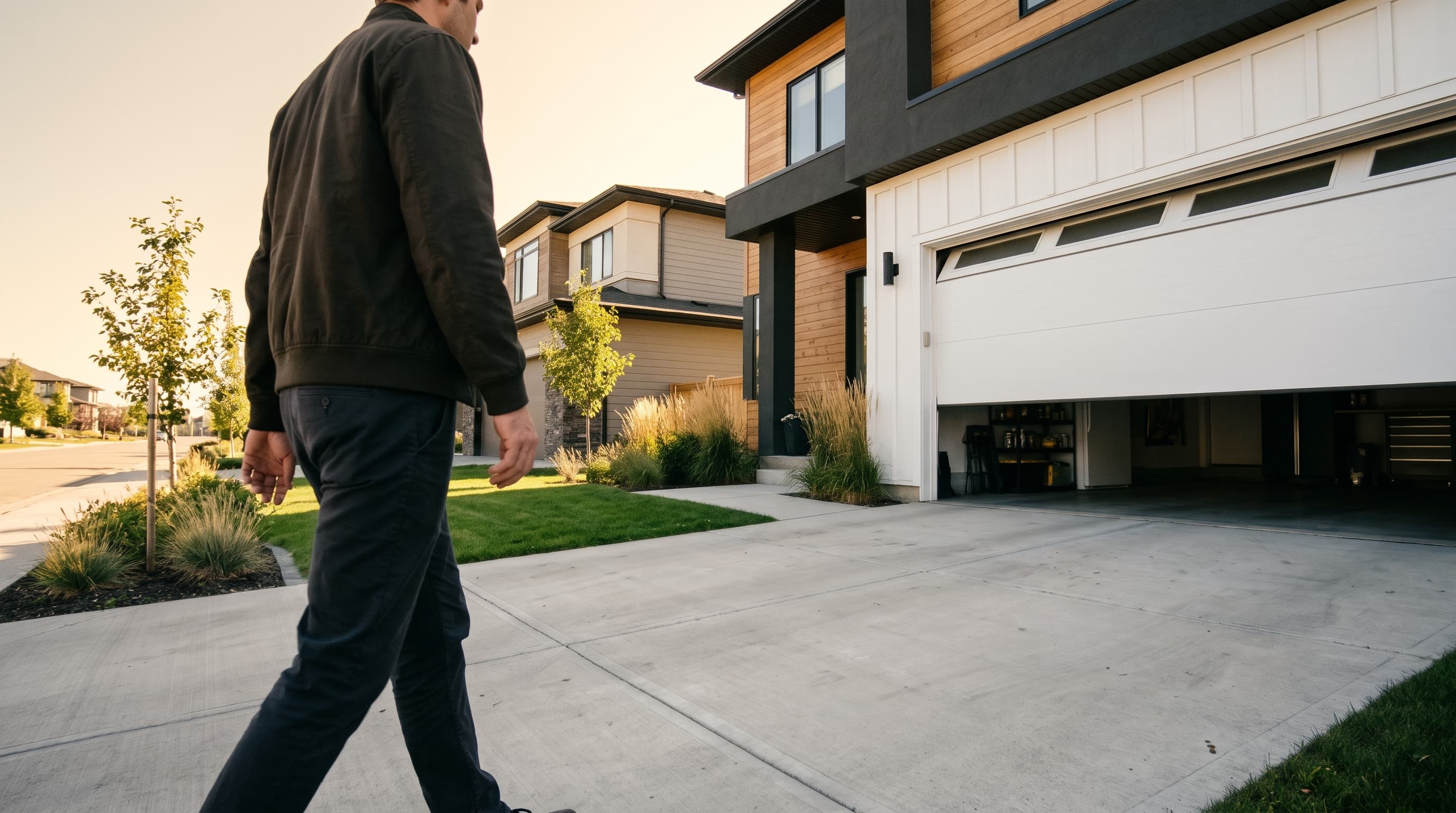 Person walking towards a garage that opens automatically